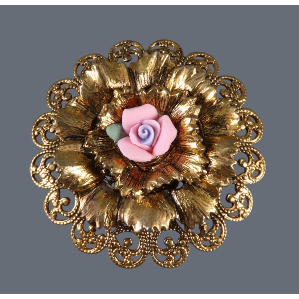 Vintage TACOA GOLD Tone BROOCH Pin Filigree Flower Pink Porcelain Rose Center